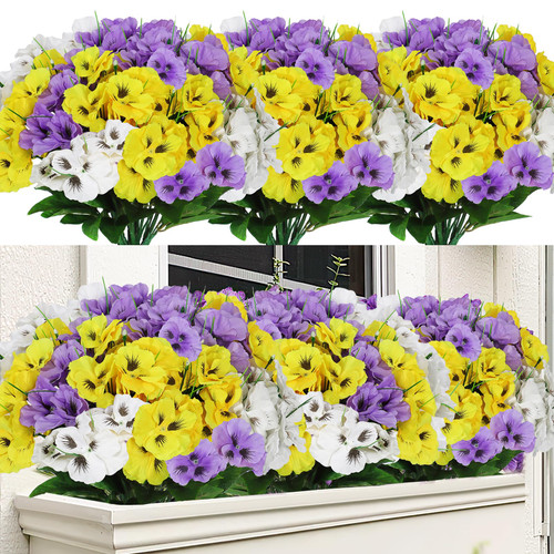 Dremisland 9 Bundles Artificial Flowers Outdoor UV Resistant Artificial Pansies Wild Flowers Daisy Faux Flowers Home Greenery Shrubs Window Porch Home Garden Farmhouse Decor(White,Yellow,Light Purple)