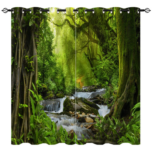 ANHOPE Forest Curtains - Nature Tropical Jungle River Rainforest Waterfall Landscape Scenery Print Pattern Waterproof Grommet Window Drapes for Bedroom Living Room Cafe Office 2 Panels W42 x L63