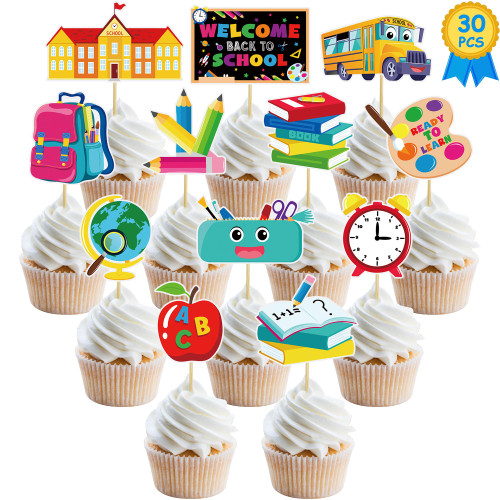 30 PCS Back to School Decorations, 12 Designs First Day of School Cupcake Toppers, Welcome Back to School Party Cake Toothpicks Decor for Back to School Party Supplies School Activities Classroom