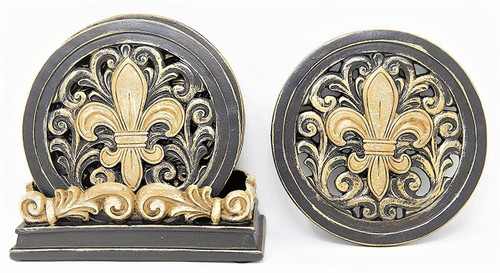Fleur De Lis FDL Carved Scrolls 4 Coasters Set Kitchen/Bar Decoration