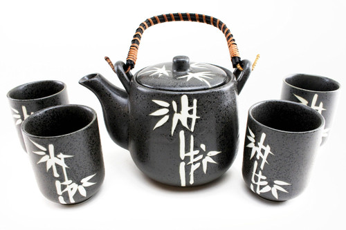 6" Black Bamboo Japanese Ceramic Tetsubin Teapot & Teacups Infuser with Rattan Handle Tea Set