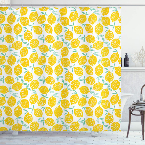Lunarable Mint and Yellow Shower Curtain, Summer Fruit Pattern with Dots Stripes Doodle Lemons and Leaves, Cloth Fabric Bathroom Decor Set with Hooks, 69" W x 70" L, Mint Green and Yellow
