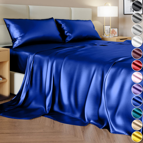 DECOLURE Satin Sheets Queen Size (4 Pieces, 8 Colors), Silky Satin Sheet Set -Satin Bed Set with 2 Pillowcase, Satin Fitted Sheet - Blue Satin Sheets, Satin Bed Sheets Queen Set, Satin Bedding Set