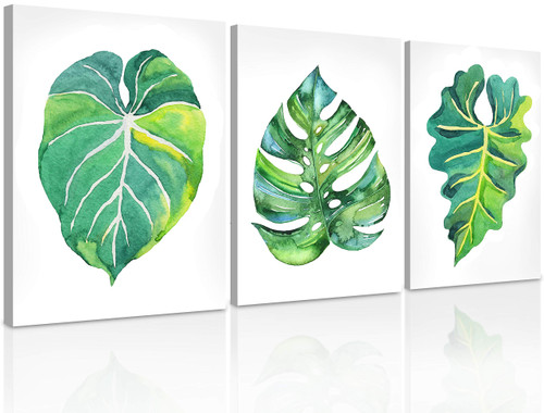 Green Plant Wall Art, Simple 3 Piece Leaf Wall Decor, Minimalist Watercolor Leaves Prints, Small Botanical Pictures, Framed Painting Print Set, 20x48 Total - Canvas Wall Art for Bedroom, Bathroom & Office