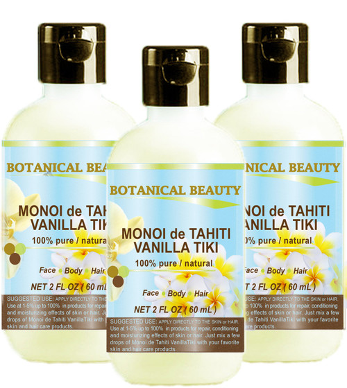 MONOI de TAHITI VANILLA TIKI OIL 100% Natural / 100% PURE BOTANICALS. 2 Fl.oz.- 60 ml. For Skin, Hair and Nail Care.
