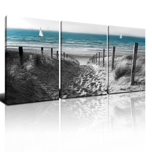 Black and White Beach Wall Art Bathroom Decor Teal Coastal Wall Decor for Living Room Nautical Sand Dune Scenery Canvas Painting Ocean Seascape Picture Artwork Bedroom Office Home Decoration 12x16" 3Pcs