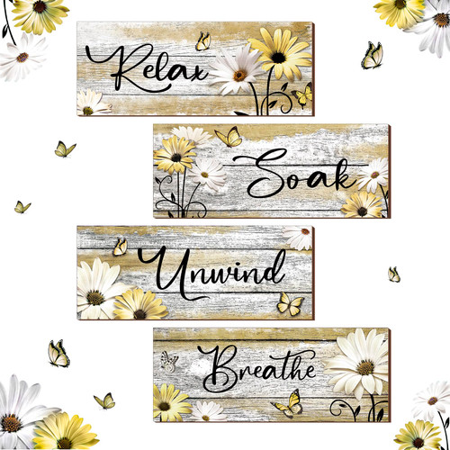 Sunnyray 4 Pcs Farmhouse Bathroom Wall Decor Sign Daisy Floral Flowers and Butterfly Bathroom Wall Art Relax Soak Unwind Breathe Rustic Wood Plaque for Home Spa Laundry (Yellow,10 x 4 Inch)