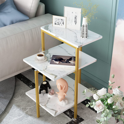 AWQM Marble Side End Table, 3-Tier Sofa Side Table,Small Rectangle Coffee Table Bedside Table, Corner Table w/Metal Frame, Foot Caps,Modern Accent Home Decor for Living Room Bedroom