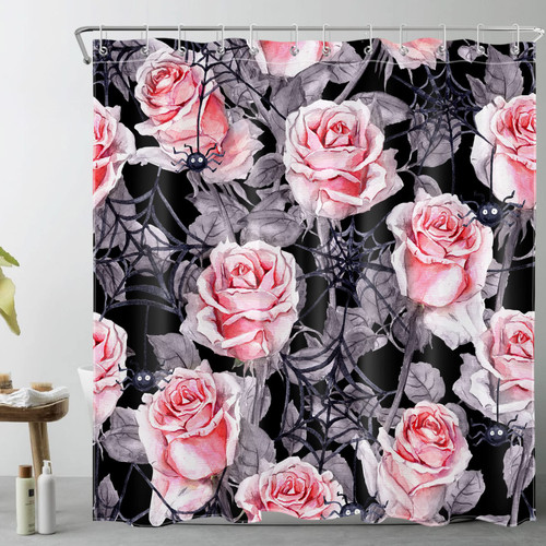 Vintage Halloween Shower Curtain Decor, Pink Rose Floral with Grey Leaf and Spider Web on Black Shower Curtain for Bathroom 72X72 inch Polyester Fabric Bathroom Decoration Bath Curtains Hooks Included