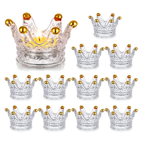Romadedi Tea Light Candle Holders Glass - 12PCS Crown Deocr Table Centerpiece Tealight Holder Clear Bulk for Votive Candles Dinner Wedding Party Christmas Decoration, Gold