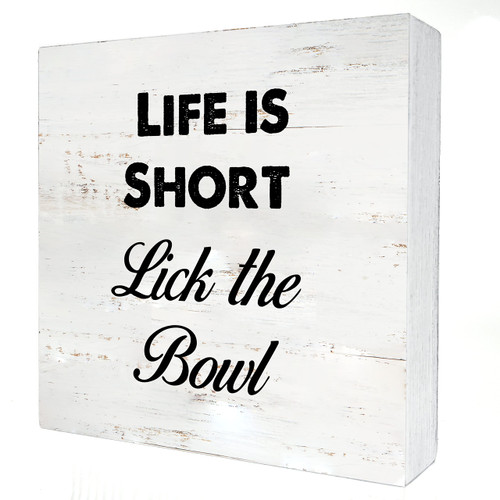 Funny Kitchen Wooden Box Sign Desk Decor Life is Short Lick the Bowl Wood Block Plaque Box Signs with Quotes Rustic Box Sign for Home Living Room Shelf Table Decoration (5 X 5 Inch)