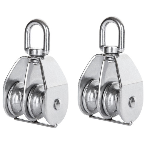 FVIEXE 2PCS M32 Double Pulley Block, Dual Pulley Block Wheel Stainless Steel Pulley Roller, Heavy Duty Swivel Pulley Block Wire Rope Crane Hanging Wire Towing Wheel for Lifting, Cable Loading 250 kg