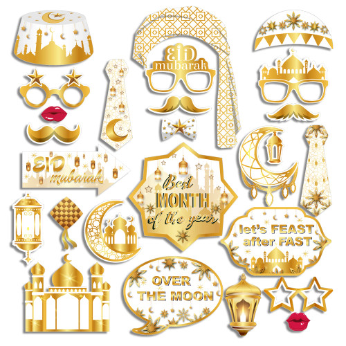 CC HOME 25pcs Eid Mubarak Patterns Photo Booth Props Ramadan Eid Al-Fitr Patterns Party Decorations Party Favor for Ramadan Mubarak Party Essentials