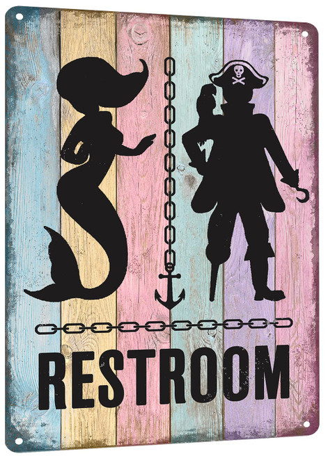 HYBLOM Mermaid Bathroom Decor - Pirate Themed Restroom Signs - Vintage Nautical Wall Decor - Funny Beach Toilets Door Signs Metal Aluminum 12x8 Inches