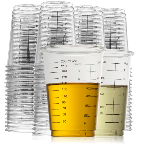 Prestee 50 Disposable Measuring Cups - 8 Oz | Resin Mixing Cups For Epoxy Resin | Plastic Measuring Cups for Liquids | Liquid Measuring Cups | Dry Measuring Cups | Paint Mixing Cups | Baking Supplies