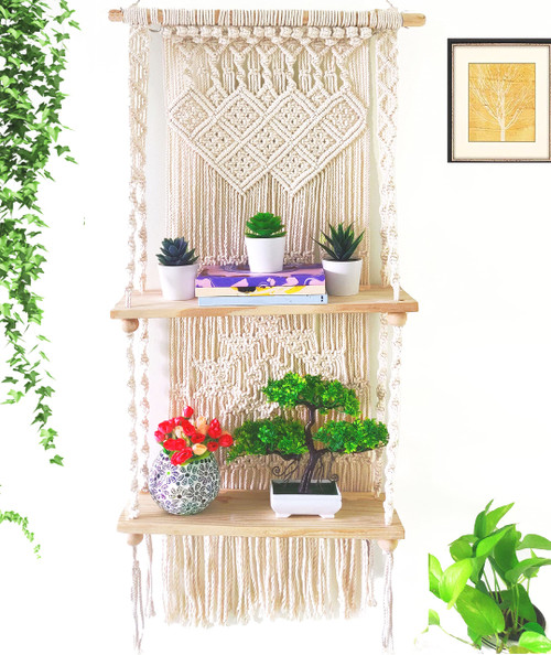Induslyfe Macrame Wall Hanging Shelf Tier 2 Boho Hanging Wall Decor Boho Shelf Wall Decor Plant Rack Shelf, Boho Bookshelf Wall White Hanging Shelf Woven Rope for Boho Bathroom decor Bedroom Bookshelf