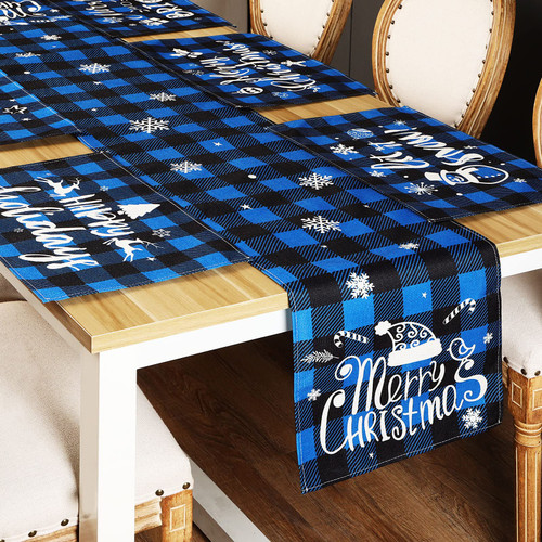7 Pieces Christmas Buffalo Plaid Table Runner and Placemats Set Merry Christmas Blue Black Buffalo Plaid Table Runner Decor Winter Holiday Table Mats for Christmas Party Supplies Table Decorations