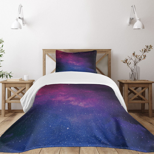 Ambesonne Galaxy Bedspread, Pink and Blue Nebula in Starry Night Sky Space Science World Astronomy Print, Decorative Quilted 2 Piece Coverlet Set with Pillow Sham, Twin Size, Black Pink