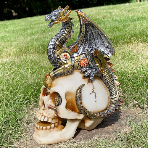Basuo-9Q Steampunk Human Skull Statue Home Decoration Halloween Decorative Figurine Gearwork Sculpture Gear Design Skeleton Cranium Figure (Dragon-on-Skull)