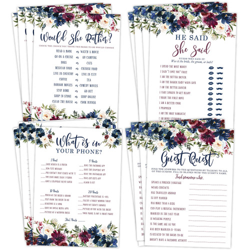 Navy and Burgundy Floral Bridal Shower Bachelorette Games, He Said She Said, Find The Guest Quest, Would She Rather, What's in Your Phone, 25 Games Each Navy and Burgundy Floral Bridal Shower Bachelorette Games, He Said She Said, Find The Guest Quest, Would She Rather, What's in Your Phone, 25 Games Each