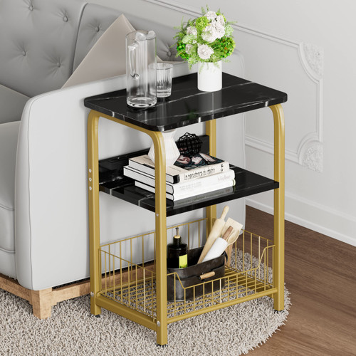 Garden 4 you End Table Side Table Black Marble 3 Tiers Nightstand Industrial Retro Storage Shelf for Living Room Bedroom Kitchen Family and Office,Stable Wood and Metal Frame