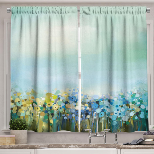 Ambesonne Flower Kitchen Curtains, Aqua Impressionist Depiction of a Field Paint with Blooms Tranquil Concept Print, Window Drapes 2 Panel Set for Kitchen Cafe Decor, 55" X 39", Blue