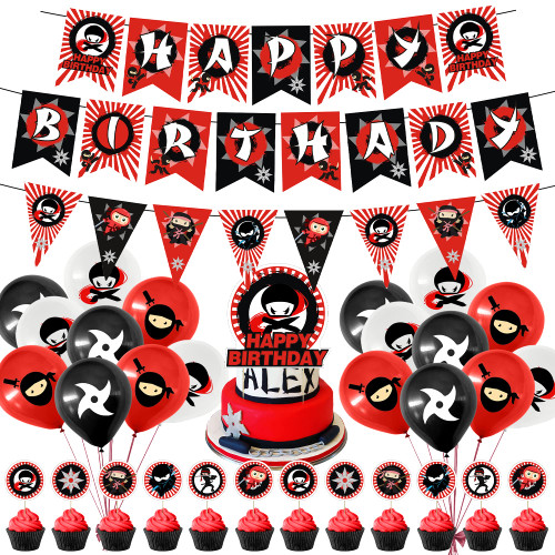 Ninja Birthday Party Decorations, Red and Black Ninja Warrior Theme Party Supplies Happy Birthday Banner Balloons Cupcake Toppers for Boys Ninja Warrior Themed Birthday