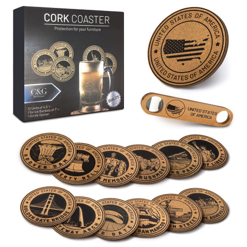 Cork Coasters for Drinks Absorbent - 14 Pieces Set - USA Landmarks - Drink Coasters and Cup Coaster - Table and Wooden Protection - Coaster for Coffee Table, Ideal Table Coasters Set - Porta Vasos