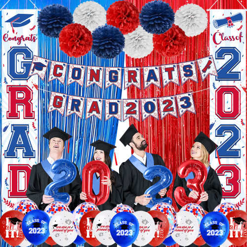 Graduation Party Decorations 2023-Class of 2023 Congrats Grad Banners Grad Porch Sign Fringe Foil Curtain Paper Pompoms Foil Balloons for 2023 Red Blue White Graduation Party Decorations Supplies Graduation Party Decorations 2023-Class of 2023 Congrats Grad Banners Grad Porch Sign Fringe Foil Curtain Paper Pompoms Foil Balloons for 2023 Red Blue White Graduation Party Decorations Supplies