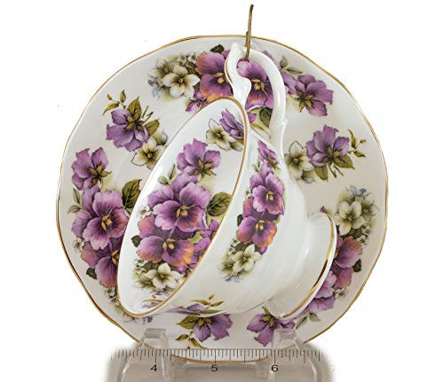 PURPLE PANSY Pedestal Tea Cup and Saucer Fine English Bone China Made in England PURPLE PANSY Pedestal Tea Cup and Saucer Fine English Bone China Made in England