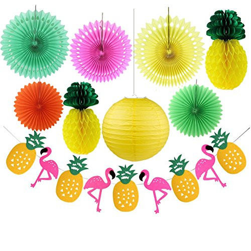 Summer Party Pack of 9 Kit Paper Fans Pineapple Balls and Flamingos Banner Garland Tropical Hawaiian Luau Beach Decoration Summer Party Pack of 9 Kit Paper Fans Pineapple Balls and Flamingos Banner Garland Tropical Hawaiian Luau Beach Decoration