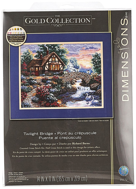 DIMENSIONS 35172 Gold Collection Counted Cross Stitch Kit, Twilight Bridge, 18 Count Beige Aida, 14'' x 11'', multi-colored