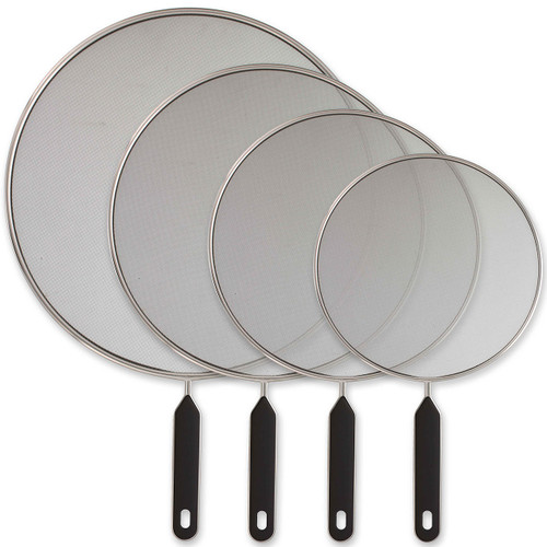 U.S. Kitchen Supply Set of 4 Classic Splatter Screens, 13", 11.5", 10", and 8" - Stainless Steel Fine Mesh, Comfort Grip Handles - Use on Boiling Pots Frying Pans - Grease Oil Guard, Safe Cooking Lid