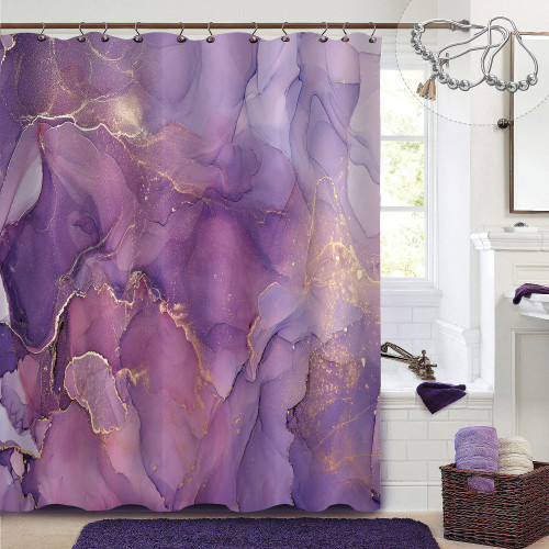 Gibelle Extra Long Shower Curtain 72 x 84, Purple Marble Shower Curtain Set with Hooks, Abstract Ink Art Lavender Gold Watercolor Elegant Waterproof Fabric Shower Curtains for Modern Bathroom Decor