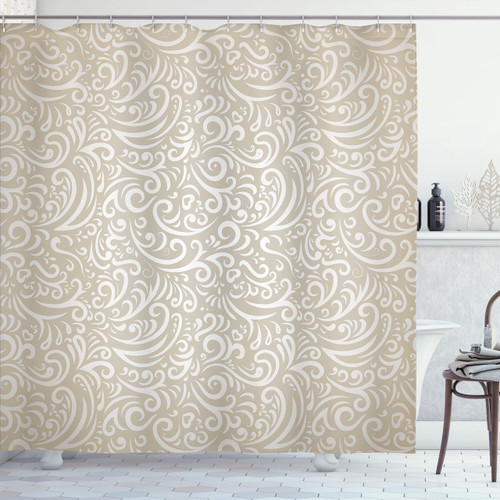 Lunarable Victorian Shower Curtain, Retro Style Curves and Swirls Geometric Elements Curlicues Vintage Baroque Pattern, Cloth Fabric Bathroom Decor Set with Hooks, 69" W x 70" L, Beige Tan