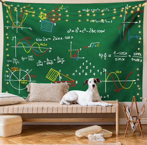 Lunarable Mathematics Room Tapestry King Size, Green Blackboard with Colored Formula and Sketches Geometry, Wall Hanging Bedspread Bed Cover Wall Decor, Twin Size, Emerald Green