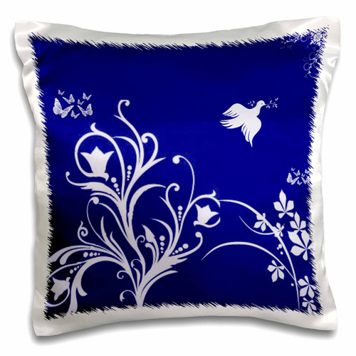 3dRose Floral Pattern in White On A Navy Blue Background with Dove and Butterflies Pillow Case, 16 x 16