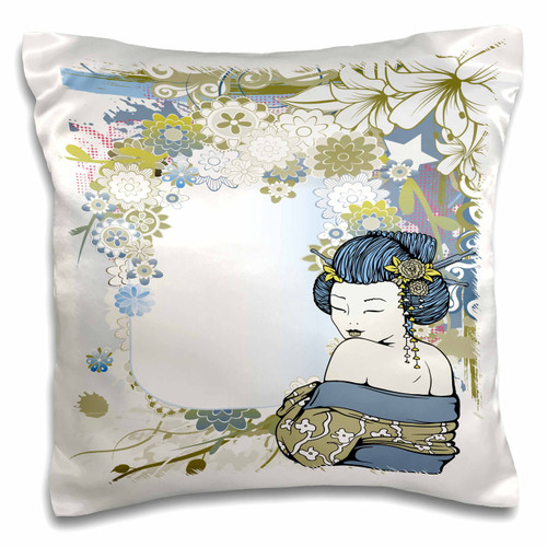 3dRose Modern Vector Art Muted Blues and Tans Flowers Asian Floral and Geisha Girl Woman-Pillow Case, 16 by 16" (pc_119078_1)