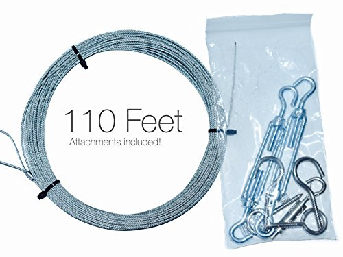 Preynos Globe String Light Suspension Kit, Galvanized Steel Cable, 110 ft, With Screw eyes, Turnbuckle, and Hook, More attachments included!