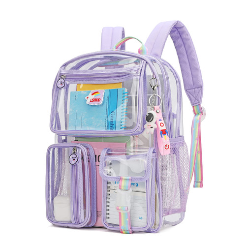 LISINUO Clear Backpack Girl Transparene Backpacks See Through Book Bag for Women Heavy Duty Pvc Mesh Bag Cute Girls Bookbags(Purple)