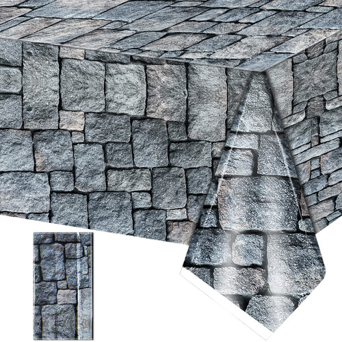 1 Pack Cobblestone Tablecloth Stone Printed Table Cover Medieval Table Decoration Plastic Tablecloth Stone Brick Tablecovers for Medieval Castle Knight Themed Party Supplies, 4.3 x 7.2 Feet