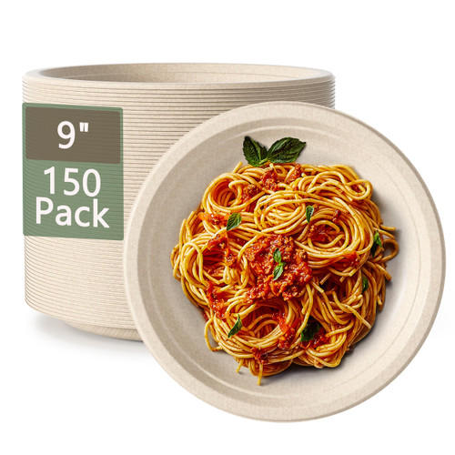 Homestockplus 9 Inch Paper Plates Disposable Party Plates Heavy Duty Paper Plates, 100% Compostable Natural Unbleached Biodegradable Plates [150 Pack]