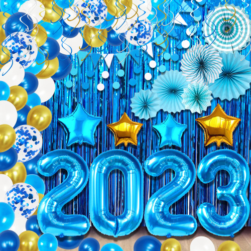 KatchOn, Light Blue and Gold Graduation Decorations Set - Giant Pack of 165, Graduation Balloon Arch Kit | Blue 2023 Balloons, Fringe Graduation Backdrop for Graduation Party Decorations 2023 Blue