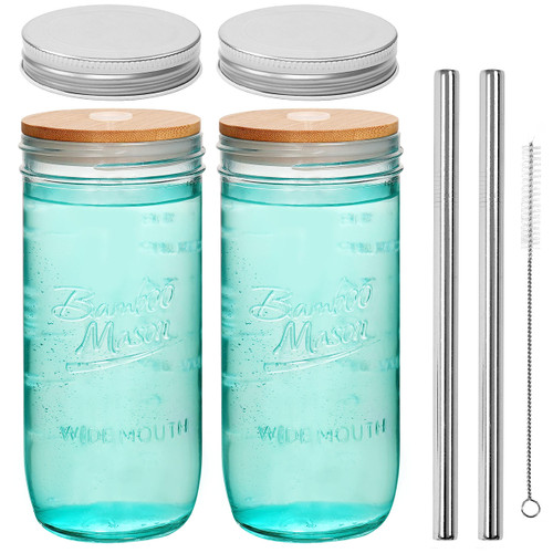 Mason Jar with Lids and Straws, Mason Jar Colorful Drinking Glasses, 24oz Wide Mouth Mason Jar Drinking Glasses Iced Coffee Cups, Reusable Boba Cup, Set of 2