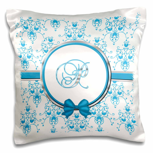 3dRose pc_164848_1 Elegant Blue and Silver Heart Damask Monogram Letter P Pillow Case, 16" x 16"