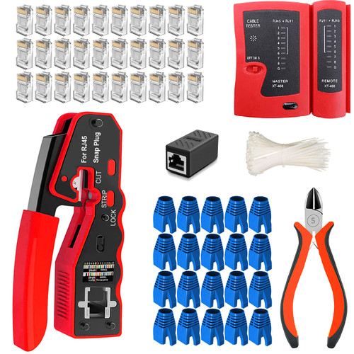 LEATBUY RJ45 Crimp Tool Kit for RJ11/RJ12/CAT5 Crimper CAT6, Professional Crimping Tools Set Network Crimper Wire Connector Stripper Cutter, Maintenance Lan Cable Pliers Tester Repair Tool Set(Grey)