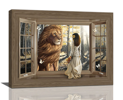 Christian Lion Of Judah Wall Decor Religious Lion Girl Woman Pictures Wall Art Lion Motivational Canvas Print Painting Framed Home Artwork Decorations For Bathroom Bedroom Kitchen Office 16"x12"