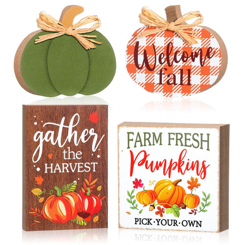 4 Pieces Fall Wooden Signs Plaid Pumpkin Welcome Fall Tabletop Signs Harvest Fall Tray Decor Farm Fresh Fall Tabletop Sign Freestanding Wooden Fall Decor for Thanksgiving Farmhouse Home Table Shelf