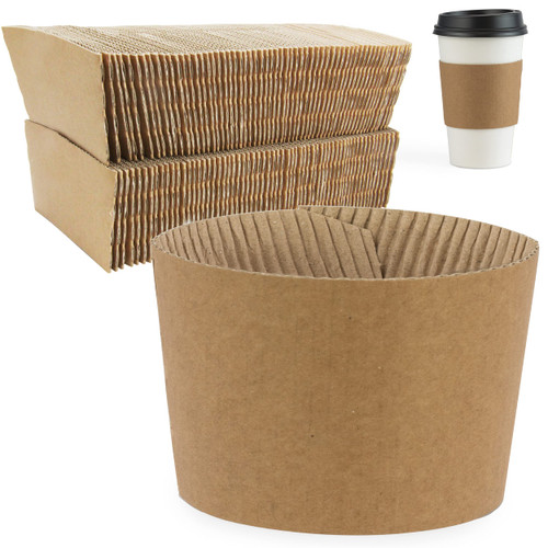 [100 Pack] Kraft Coffee Cup Sleeves - Brown Disposable Corrugated Cardboard Paper Jacket, Holds Hot and Cold Drinks, Espresso Coffee Milk Tea Beverage Insulator and Hand Protection