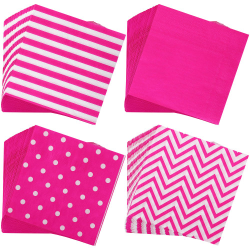 ADXCO 200 Pieces Hot Pink Disposable Paper Napkins Hot Pink Party Supplies Polka Dot Striped Luncheon Napkins Chevron Solid Color Beverage Napkins for Dinner Wedding Birthday Party